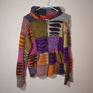 Rising International Patchwork Colorful Distressed Zip Up Jacket Hoodie Size L